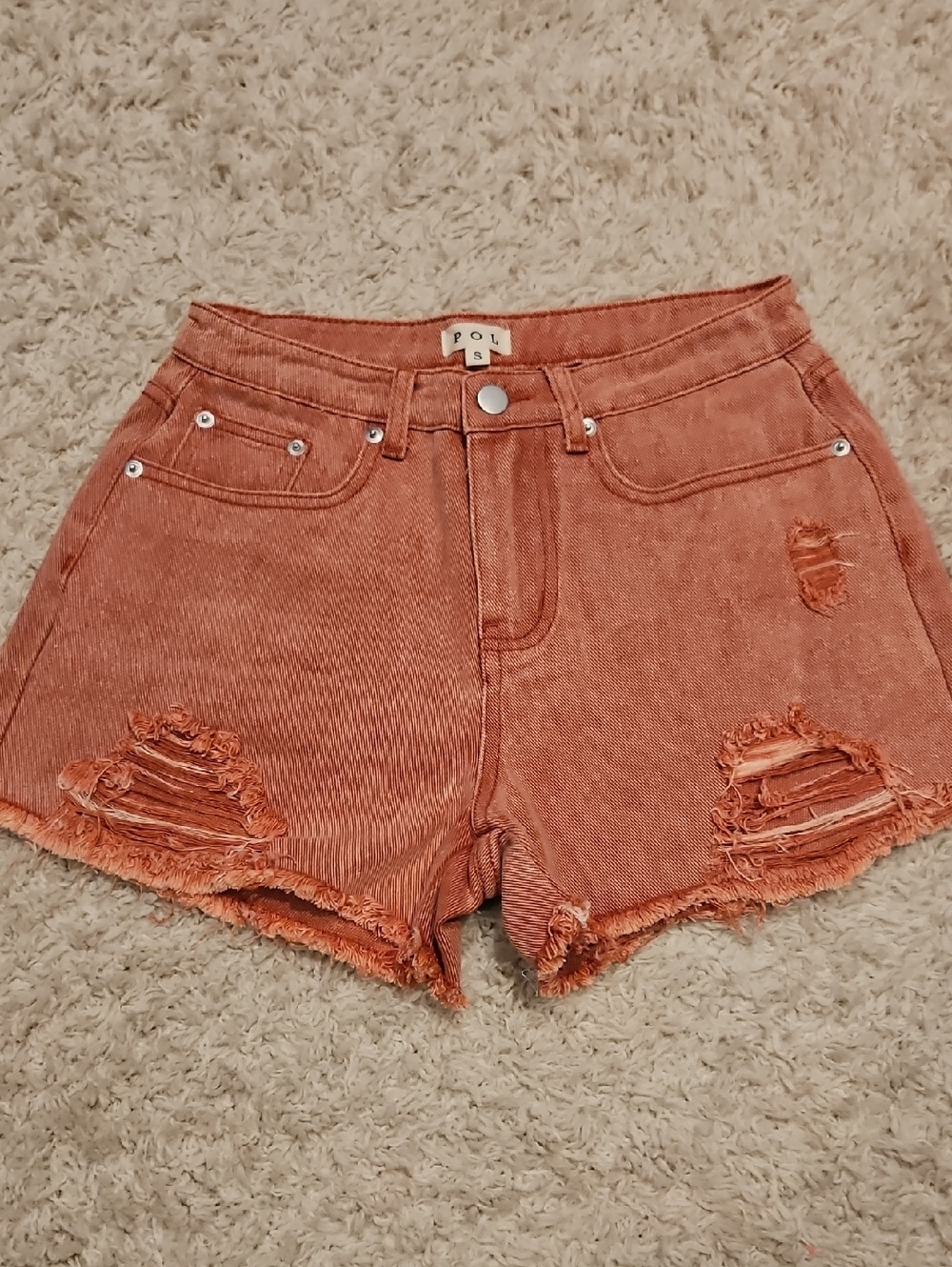 019p POL Rust  Distressed High-Rise Denim Shorts